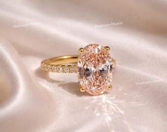 Pavage Ring ピンクゴールドカラー箱あり 3 Ct Fancy Vivid Pink Oval Lab Grown Diamond Engagement Ring, 14K