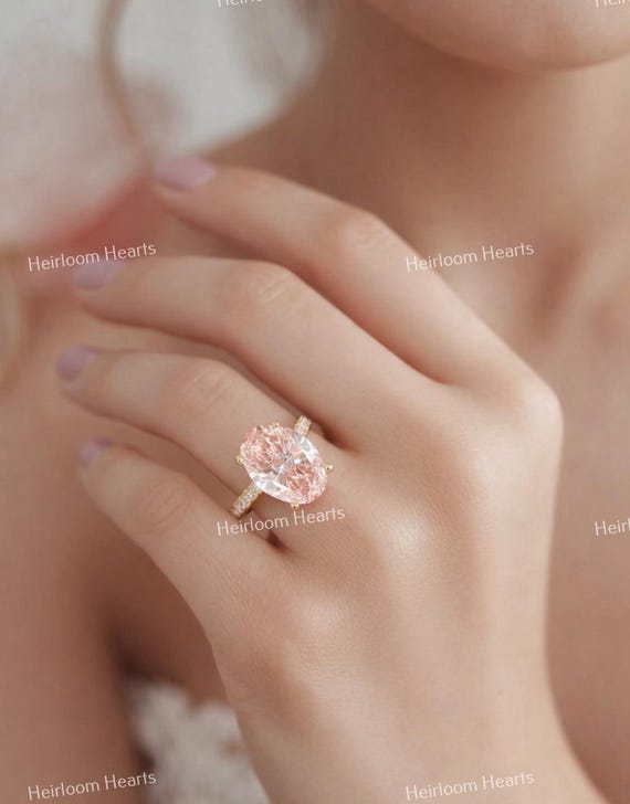  Pavage Ring ピンクゴールドカラー箱あり 3 Ct Fancy Vivid Pink Oval Lab Grown Diamond Engagement Ring, 14K