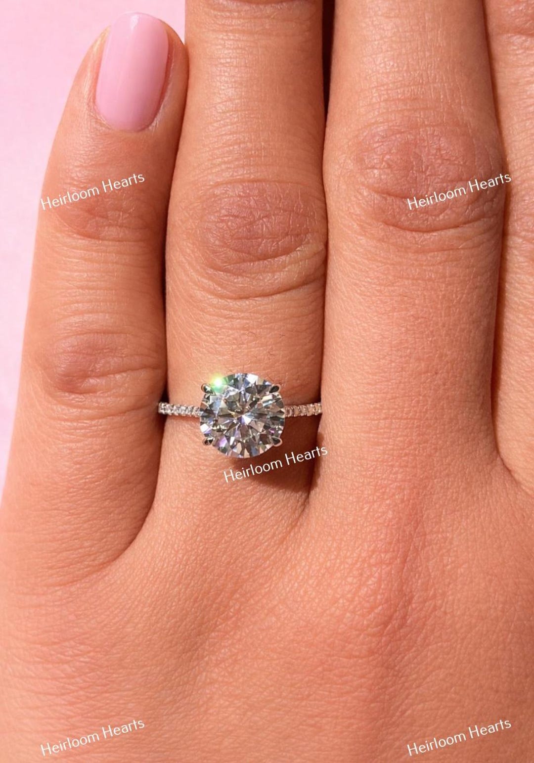 Round Lab Grown Diamond Engagement Ring, 14K White Gold Pave Band ...