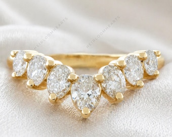Fede nuziale curva con diamante sintetico a taglio a pera, anello sagomato in oro 14 carati, anello a V con diamante a forma di pera per anello di fidanzamento impilabile