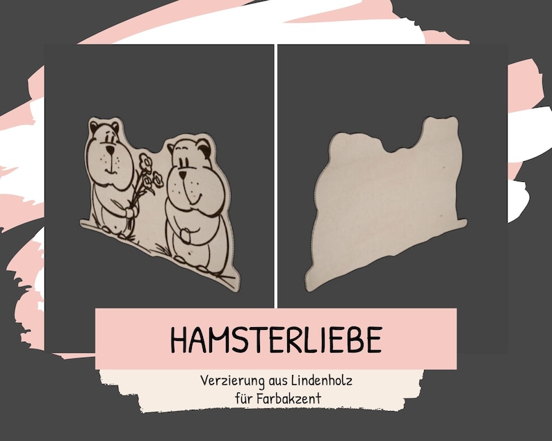 Puede incluir: Decoraci&oacute;n de madera con tem&aacute;tica de h&aacute;msteres. El dise&ntilde;o presenta dos h&aacute;msteres de dibujos animados, uno de ellos sosteniendo flores. El texto "HAMSTERLIEBE" se muestra debajo de los h&aacute;msteres, con texto adicional debajo. La decoraci&oacute;n es de madera clara.