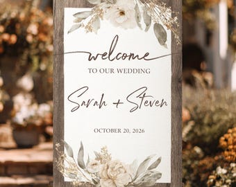 Boho Wedding Welcome Sign, Neutral Wedding Sign, Beige Floral Wedding Welcome, Rustic Wedding Sign