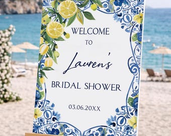 Bridal Shower Welcome Sign, Lemon Bridal Shower Sign, Lemon Theme Bridal Shower Decor, Amalfi Coast Bridal Shower, Blue Tile Lemon