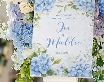 Wedding Welcome Sign, Blue Floral Wedding Welcome Sign, Dusty Blue Wedding Sign