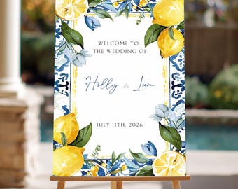Wedding Welcome Sign, Lemon Blue Welcome Sign, Amalfi Lemon Wedding Sign, Italian Lemon Wedding Decor, Citrus Wedding Sign