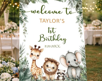 Safari Animals 1st Birthday Welcome Sign, Jungle Party Decor, Greenery Theme