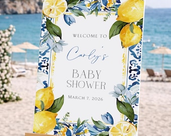 Lemon Baby Shower Welcome Sign, Italian Baby Shower Sign, Blue Lemon Baby Shower, Mediterranean Baby Shower