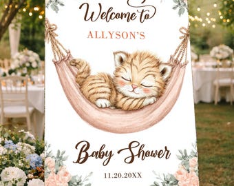 Kitten Baby Shower Welcome Sign, Floral Cat Party Decor (Girl)