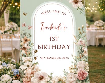 Floral Garden Bee Theme 1st Birthday Welcome Sign (Girl)