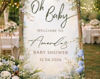 Baby Shower Welcome Sign, Oh Baby Welcome Sign, Greenery Garden Baby Shower Decor, Hydrangea Baby Shower Sign, Floral Welcome Sign