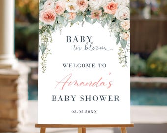 Baby Shower Welcome Sign 24x36, Baby in Bloom Floral Blush Rose Greenery Decor, Garden Style Welcome Sign