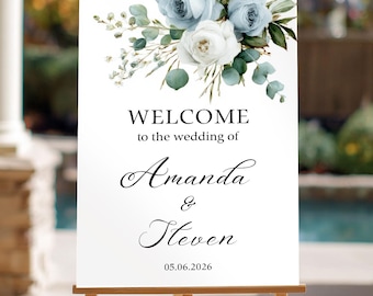 Dusty Blue Wedding Welcome Sign, Blue Rose Wedding Sign, Eucalyptus Wedding Welcome, Soft Blue Floral Wedding
