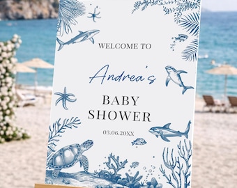 Baby Shower Welcome Sign, Under the Sea Baby Shower Sign, Ocean Nautical Baby Shower Decor, Blue Sea Turtle Shark Welcome Sign