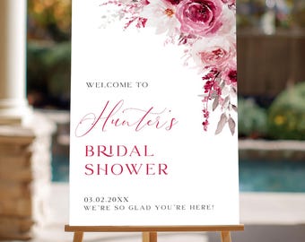 Bridal Shower Welcome Sign, Burgundy Watercolor Floral Corner Sign, Rose Bridal Shower Decor