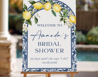 Bridal Shower Welcome Sign, Lemon Bridal Shower Sign, Blue and White Tile Theme, Amalfi Coast Bridal Shower Decor