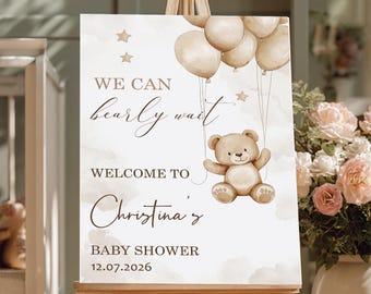 Teddy Bear Baby Shower Welcome Sign, Bearly Wait Baby Shower Sign, Neutral Baby Shower Sign, Beige Baby Shower Sign