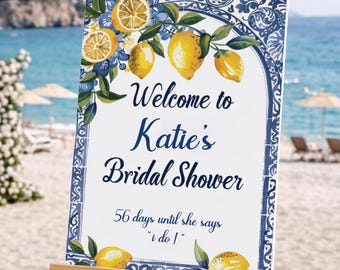 Bridal Shower Welcome Sign, Lemon Blue Tile Bridal Shower Sign, Italian Lemon Theme Decor, Amalfi Bridal Shower Welcome Board