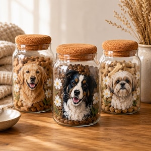 May include: Three clear glass storage jars with cork lids, each filled with brown dog treats. The jars feature detailed illustrations of a Golden Retriever, an Australian Shepherd, and a Shih Tzu, all surrounded by small white daisy flower accents.