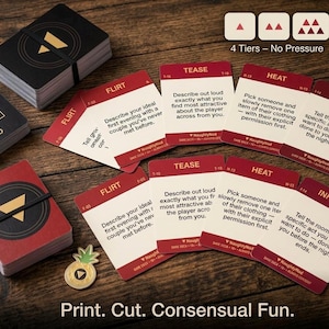 Puede incluir: Un juego de cartas con diseños rojos y negros, con indicaciones para un juego. Las cartas están dispuestas sobre una superficie de madera, con el texto "Print. Cut. Consensual Fun."