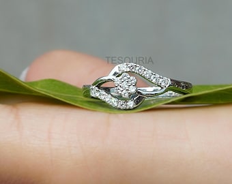 Round Cut Moissanite Cluster Engagement Ring, 14K White Gold Bypass Wedding Ring, Promise Ring for Her, Handmade Anniversary Ring for Women