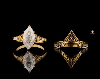 Conjunto de anillos de boda con diamantes cultivados en laboratorio y corte marquesa, anillo de compromiso de inspiración vintage y alianza a juego.