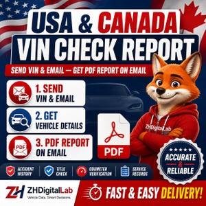 Könnte beinhalten: Eine digitale Anzeige für einen USA & Kanada VIN-Prüfbericht mit einem Cartoon-Fuchs in einem roten Kapuzenpullover. Der Text enthält Anweisungen zum Senden der VIN und E-Mail für einen PDF-Bericht sowie Symbole für Unfallhistorie und Service.