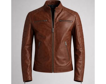 Giacca da motociclista in pelle di vacchetta fatta a mano da uomo, in stile vintage a righe