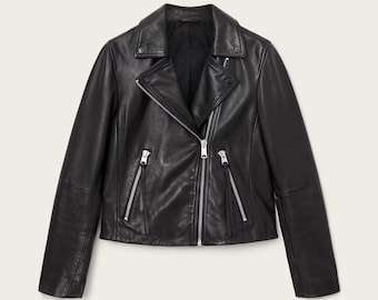 Women's Genuine Sheepskin Leather Biker Jacket - Classic Motorcycle Jacket