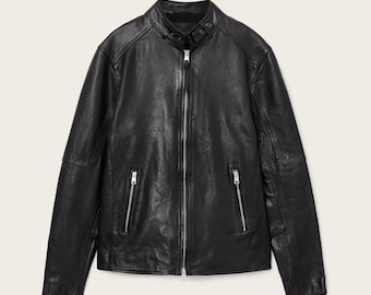 Men's Genuine Cowhide Leather Cafe Racer Jacket - Classic Motorcycle Style Jacket