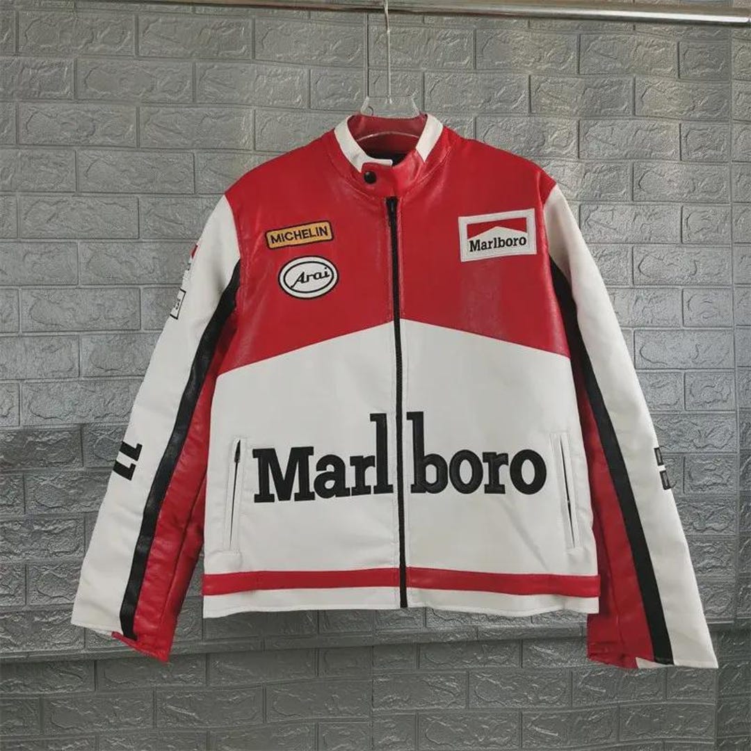 Marlboro racing jacket レーシング レザー ジャケット Marlboro Racing Leather Jacket — Vintage F1 Moto GP Style, Red