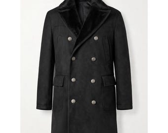 Men’s Genuine Suede Leather Shearling Peacoat – Handmade Double Breasted Coat
