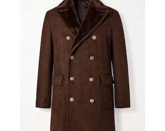 Cappotto da uomo in vera pelle scamosciata e shearling – Cappotto doppiopetto fatto a mano