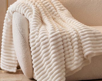 Cream Fleece Throw Blanket 50x60 | Soft Striped Fluffy Blanket for Couch | Cozy Warm Sofa Throw | Modern Neutral Home Decor Gift