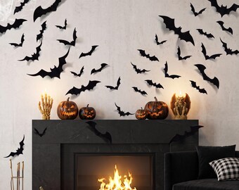 3D Bat Wall Decor Set of 100 | Black Halloween Bat Stickers in 4 Sizes | Removable Wall & Window Bats for Halloween Party Decor