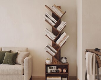 Tree Bookshelf 47" Tall | 6 Tier Wood Bookcase with Storage Cabinet Organizer Small Space