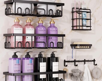 Shower Caddy Set of 6 | Adhesive Bathroom Shelf Organizer with Hooks Soap Dish Toothbrush Holder | Black No Drill Shower Storage