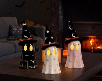 Ceramic Ghost Set of 3 with Witch Hats | Light Up Halloween Ghost Decor with LED Tealights | Spooky Cute Mantel Decor, Black White Pink