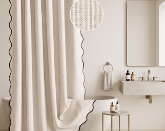 Scalloped Shower Curtain 72x72 Cream | Faux Linen Waterproof Curtain with Black Trim | Neutral Bathroom Decor with 12 Metal Hooks