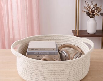 Small Woven Cotton Rope Basket with Handles | Empty Gift Basket for Baby Shower Birthday | White Shelf Storage Basket 12x8x5