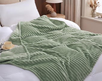 Sage Green Fleece Throw Blanket 50x60 | Soft Striped Fluffy Blanket for Couch | Cozy Warm Sofa Bed Throw | Modern Home Decor Gift