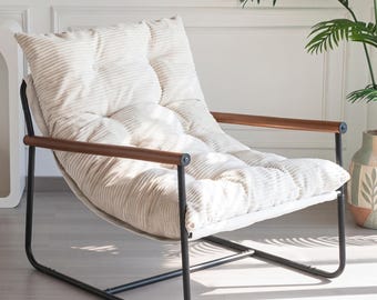 Modern Accent Chair | Cream Corduroy Sling Lounge Chair with Black Metal Frame Wood Arms | Tufted Reading Chair for Living Room