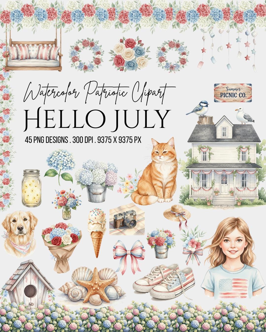 Watercolor Patriotic Clipart Bundle (45 PNG) | 4th of July USA ...