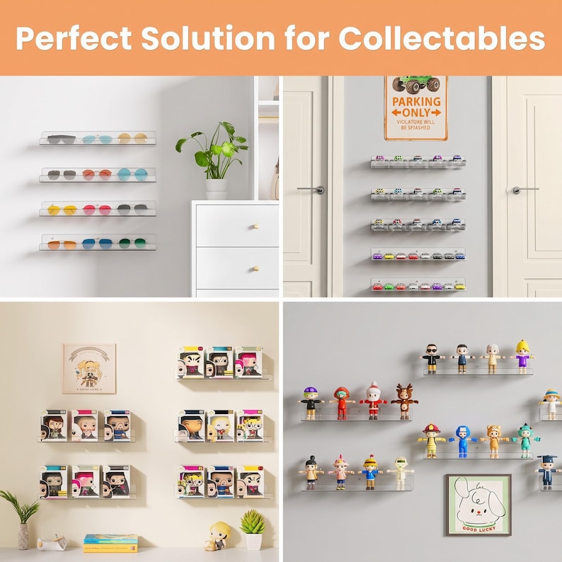 May include: A set of clear acrylic wall-mounted floating shelves displayed in four panels, holding various items including sunglasses, miniature toy cars, boxed collectible figures, and small character figurines on multiple levels.