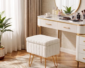 Faux Fur Vanity Stool with Hidden Storage | White Makeup Stool Gold Legs | Small Ottoman Footstool for Bedroom Entryway
