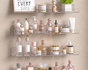 Acrylic Floating Shelves Set of 4 | Clear Wall Shelf 15 Inch | Bathroom Perfume Skincare Display | Modern Bedroom Wall Organizer