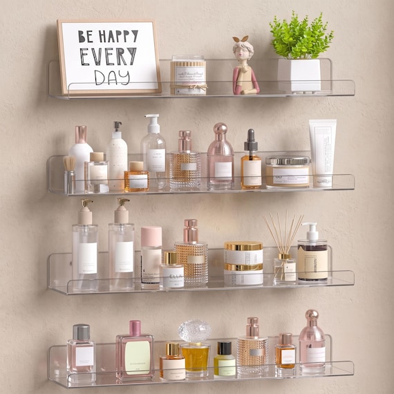 Acrylic Floating Shelves Set of 4 | Clear Wall Shelf 15 Inch | Bathroom Perfume Skincare Display | Modern Bedroom Wall Organizer