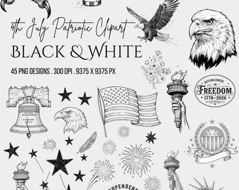 Black and White 4th July Clipart, Patriotic PNG Graphics (Digital Download)