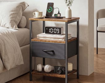 Nightstand with Charging Station USB | Metal Frame Wood Shelves Fabric Drawer Bedside Table Modern Industrial
