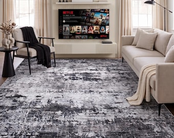 Machine Washable Area Rug 5x7 | Abstract Grey Black Modern Rug for Living Room Bedroom | Non Slip Low Pile Washable Carpet