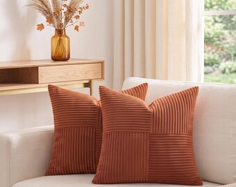 Rust Corduroy Pillow Covers 18x18 Set of 2 | Boho Patchwork Textured Cushion Cases | Terracotta Fall Decor for Couch & Bed
